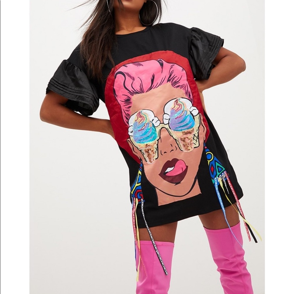 Oversized 3-D T-Shirt Mini Dress-BLK